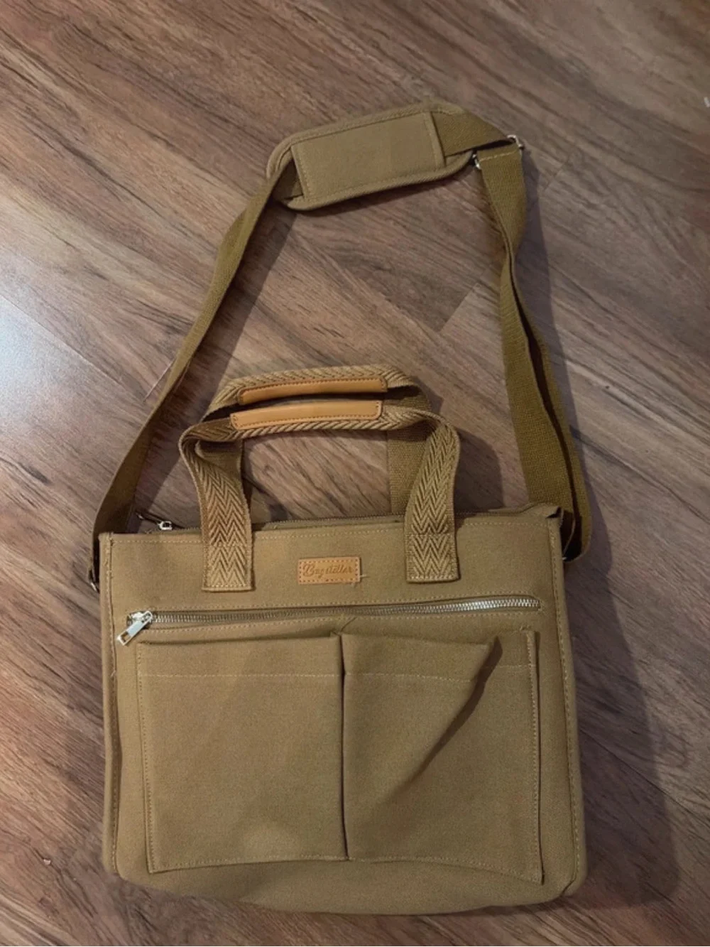 Canvas Messenger Bag in Tan with Front Organizer - Unbranded